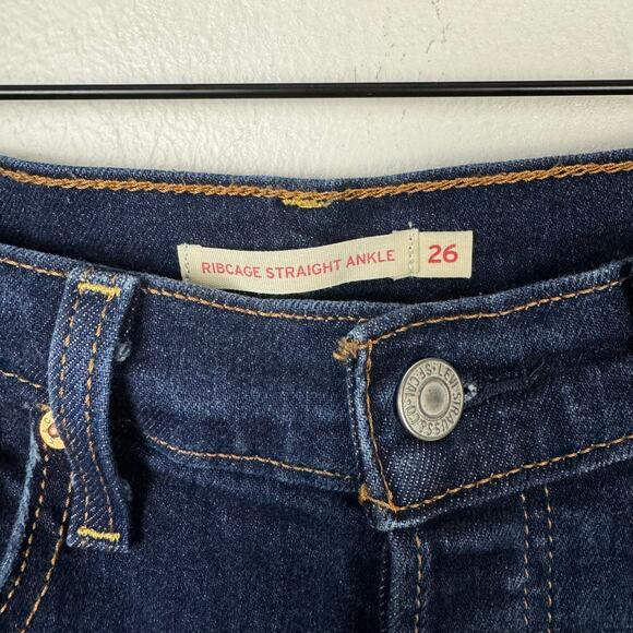 Levi's | Dark Wash Ribcage Straight Ankle Distressed High Rise Button Fly Jeans - Picture 7 of 10